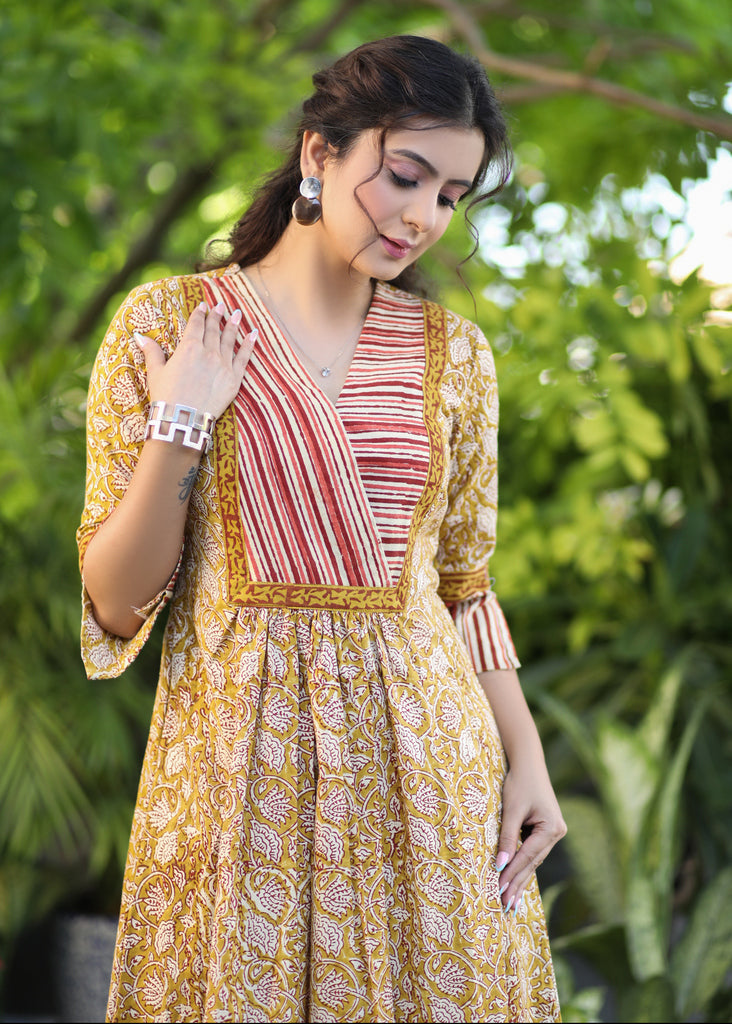 Beautiful Yellow Cotton Ethnic A-Line Dress