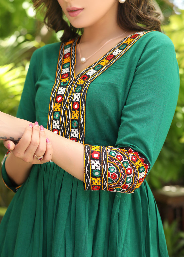 Elegant Cotton Green Dress with Mirror Work on Yoke and Sleeves