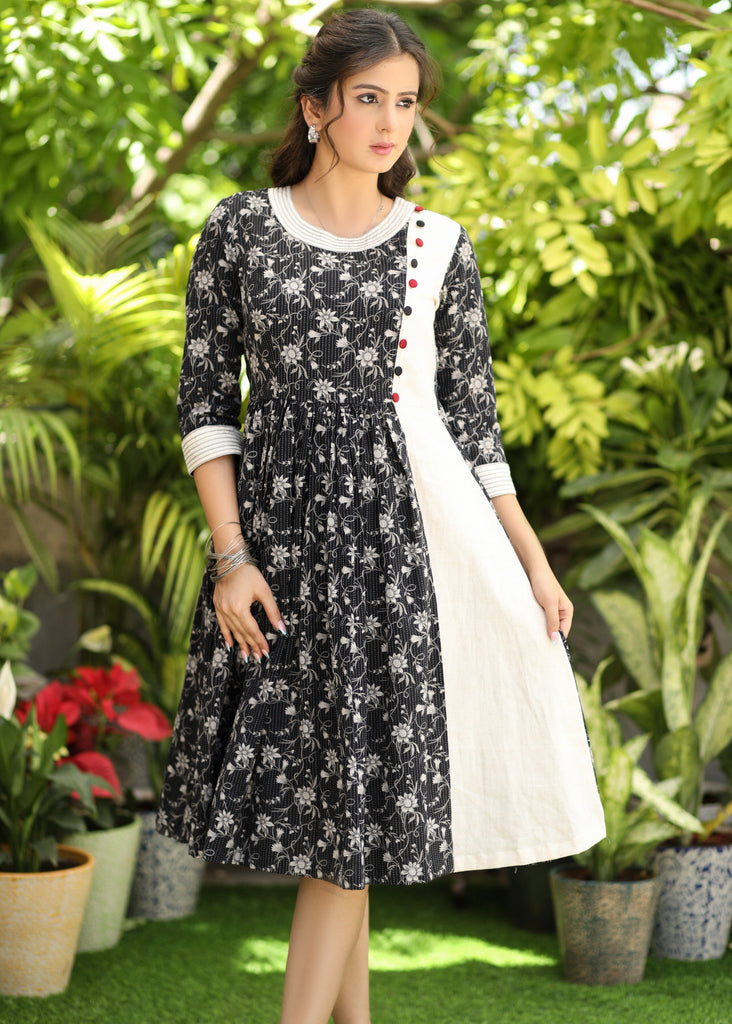 Exclusive Black Cotton Printed Combination Dress with anchor Detailing