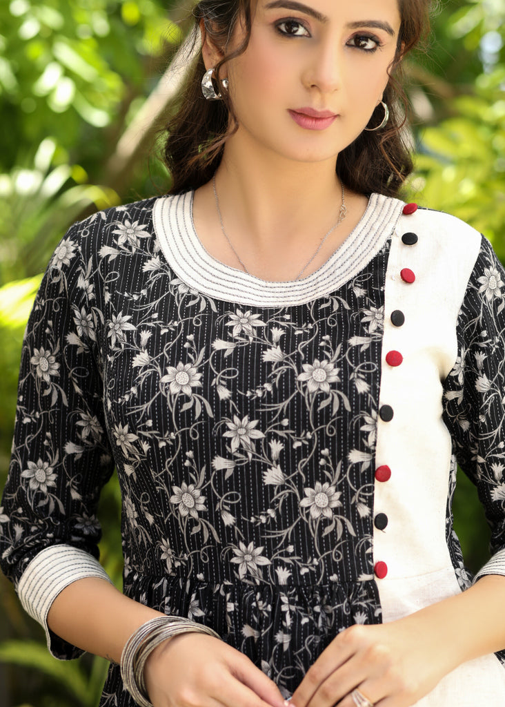 Exclusive Black Cotton Printed Combination Dress with anchor Detailing