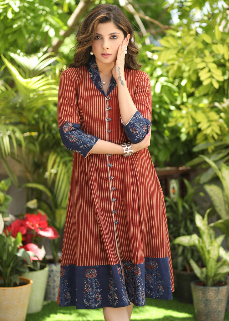 Beautiful Maroon Striped Ajrakh Print A-Line Dress