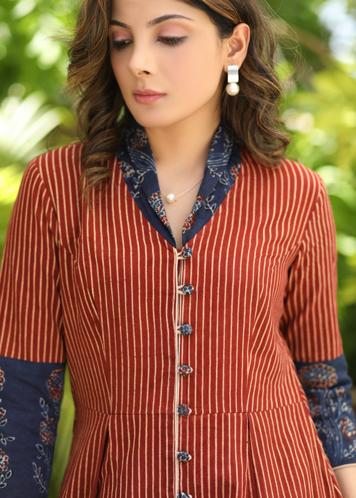 Beautiful Maroon Striped Ajrakh Print A-Line Dress