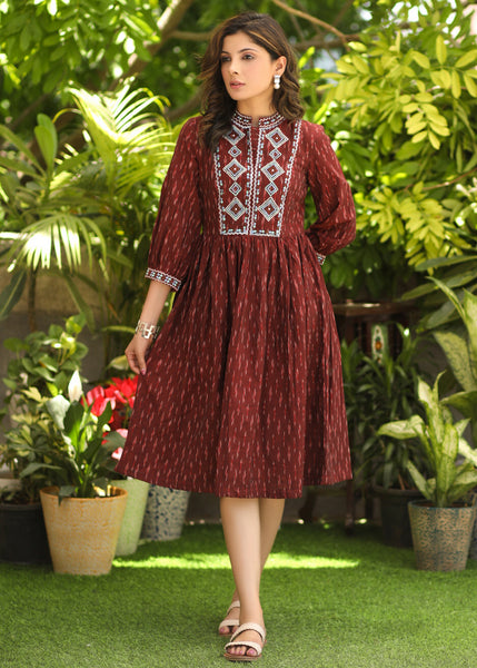 Classy Red Gathered Ikat Dress with Embroidered Yoke