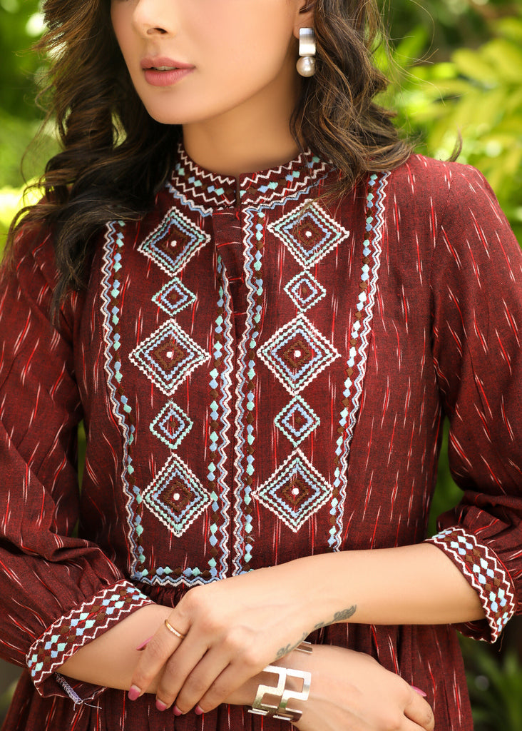 Classy Red Gathered Ikat Dress with Embroidered Yoke
