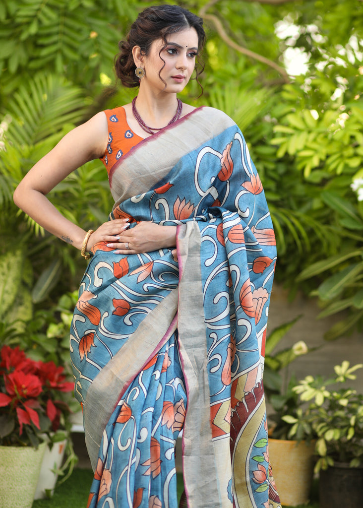 Exclusive Pure Tusser Silk Saree With hand painted Kalamkari design