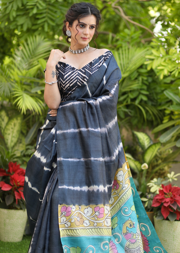 Graceful Pure Tussar Silk Black Shibori Saree with Kalamkari design Pallu