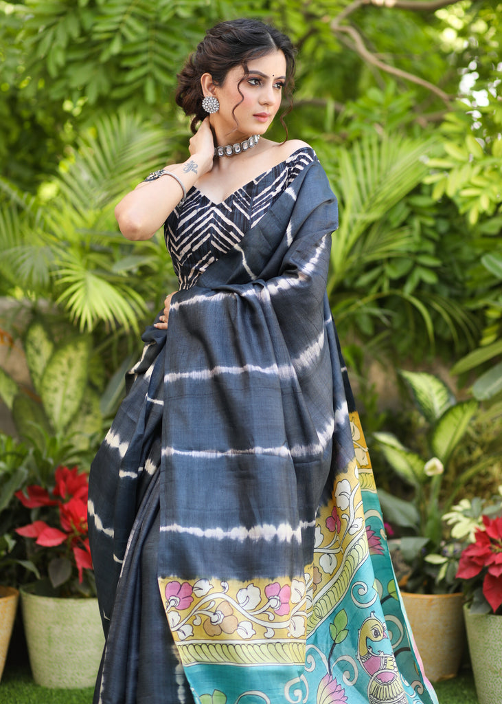 Graceful Pure Tussar Silk Black Shibori Saree with Kalamkari design Pallu