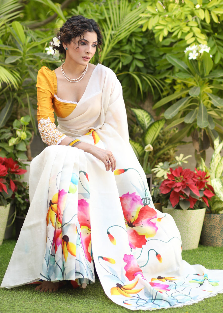 Lustrous White Pure Silk Hand Painted Saree with Floral  Motif