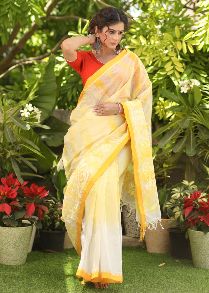 Beautiful Yellow Bengal Cotton Batik Saree