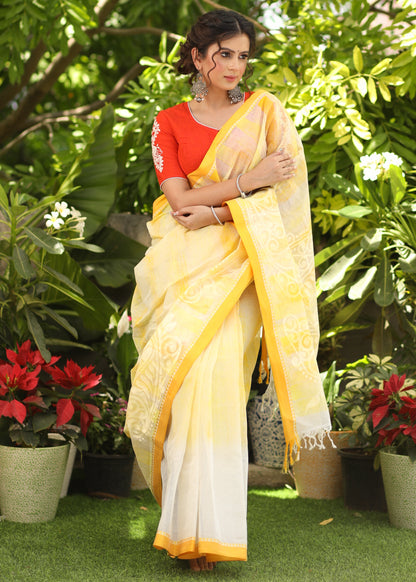Beautiful Yellow Bengal Cotton Batik Saree