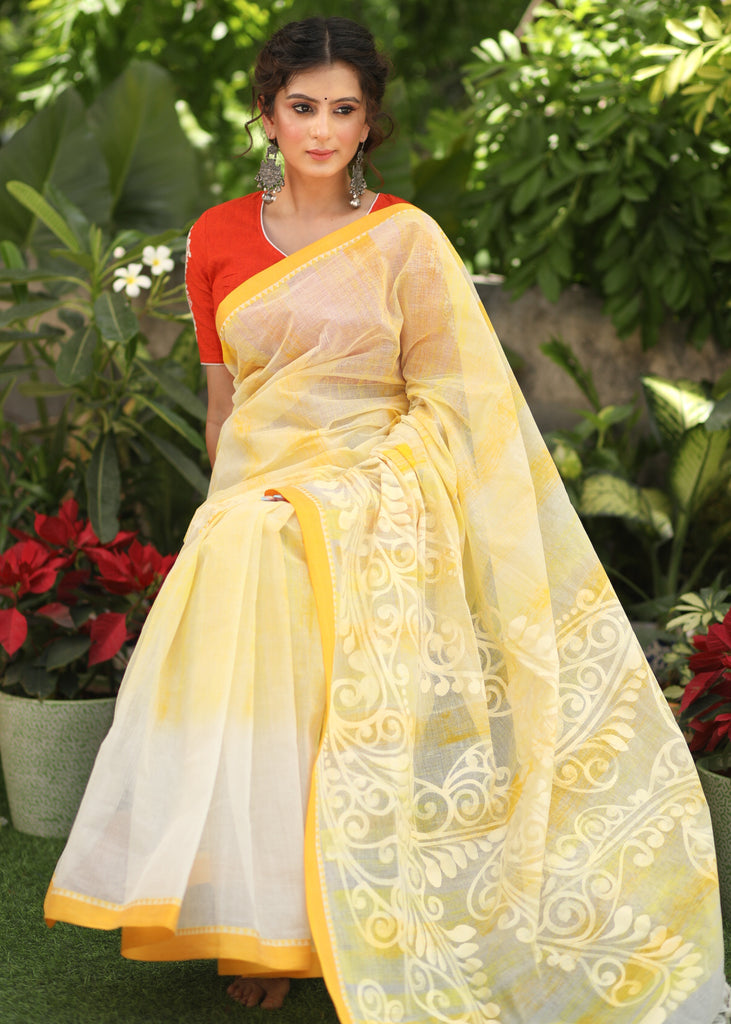 Beautiful Yellow Bengal Cotton Batik Saree