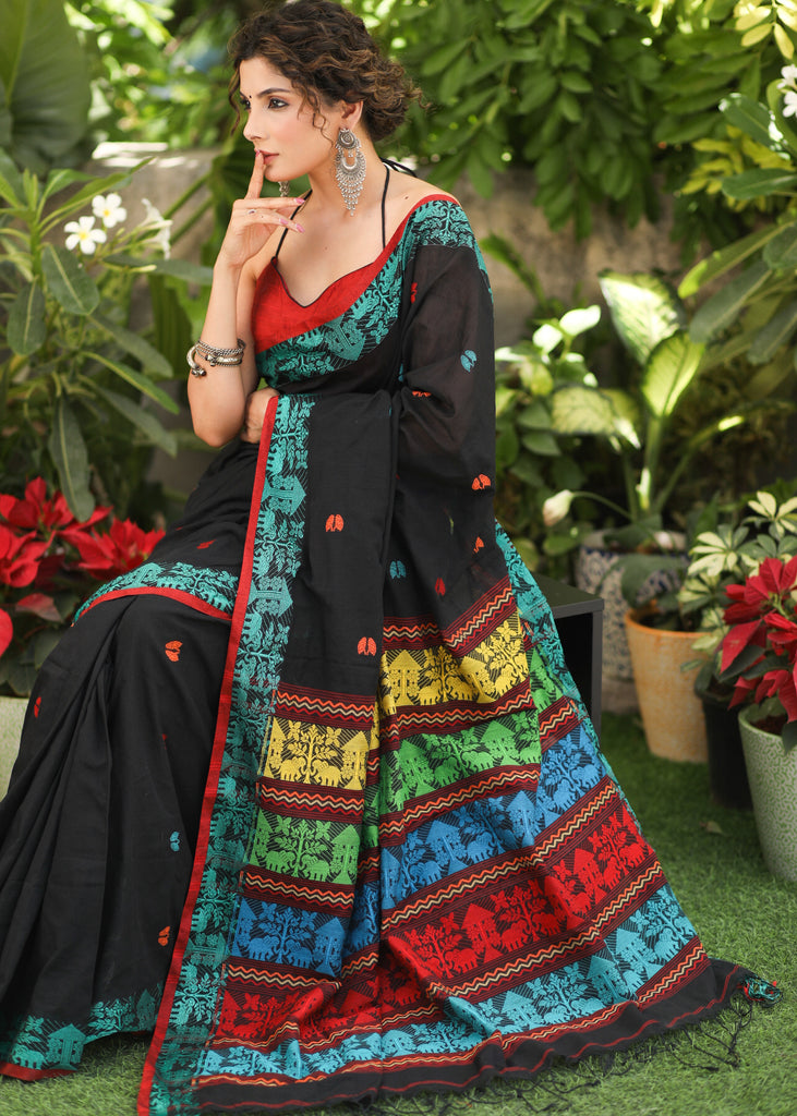 Comfortable Black Cotton Jamdani Saree with Elephant Motif