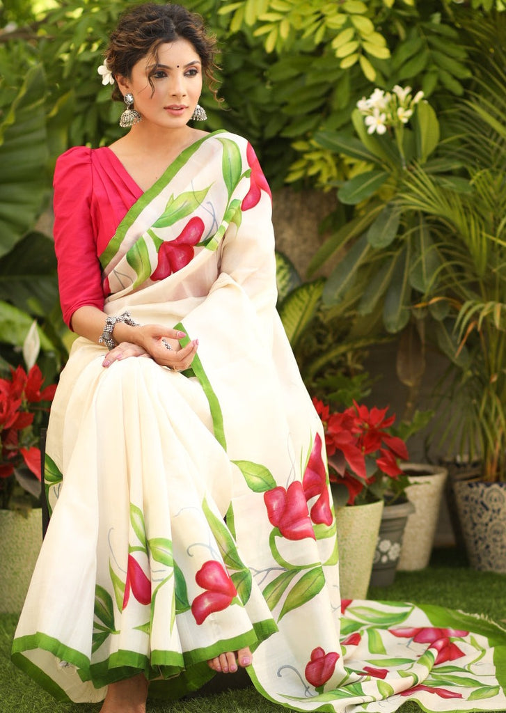 Serene Cream Hand Painted Pure Silk Saree with Exclusive Floral Motifs