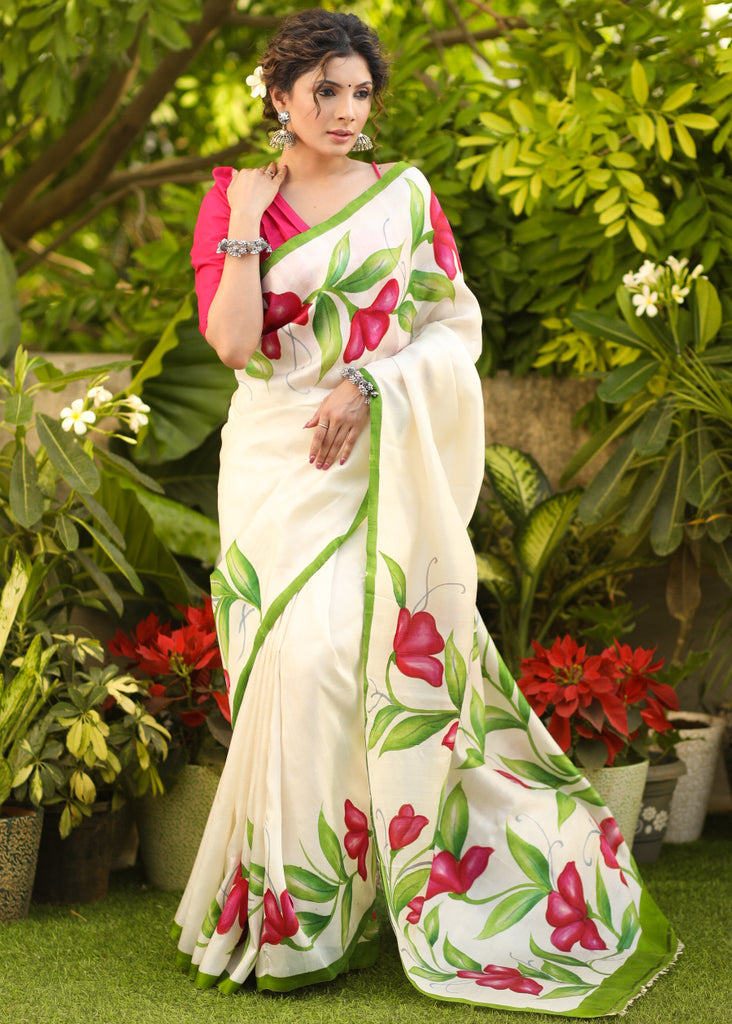 Serene Cream Hand Painted Pure Silk Saree with Exclusive Floral Motifs