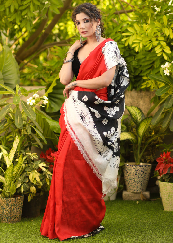 Classy Pure Silk Red Saree with Black & White Kalamkari Pallu