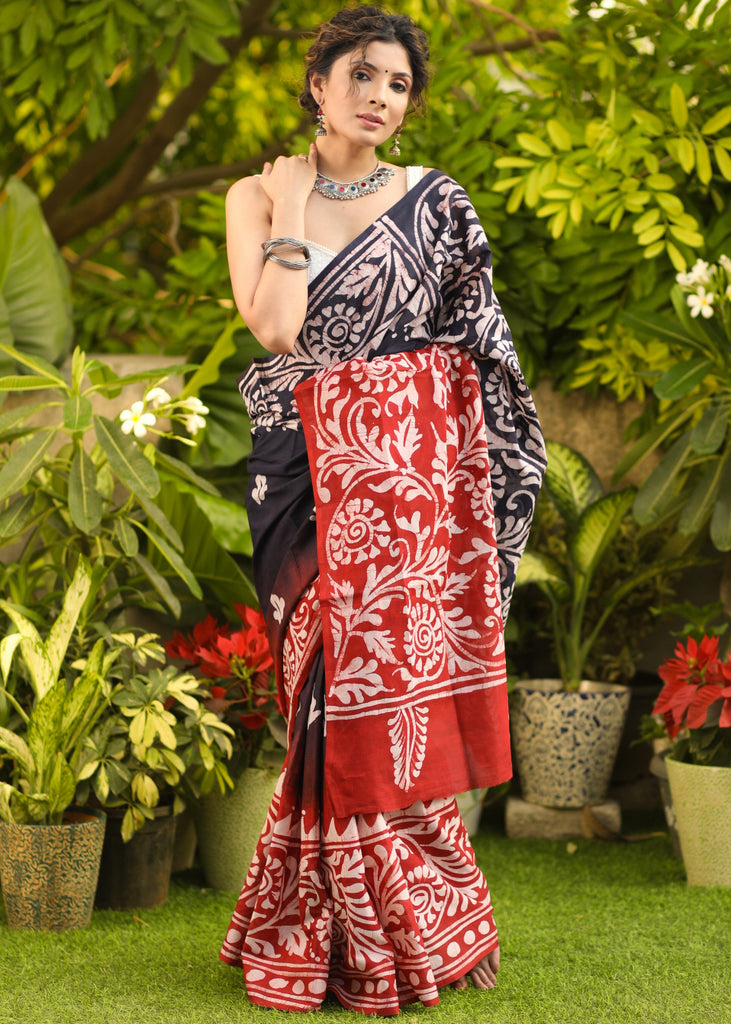Classy Blue & Red Combination Mul Cotton Hand Batik Saree