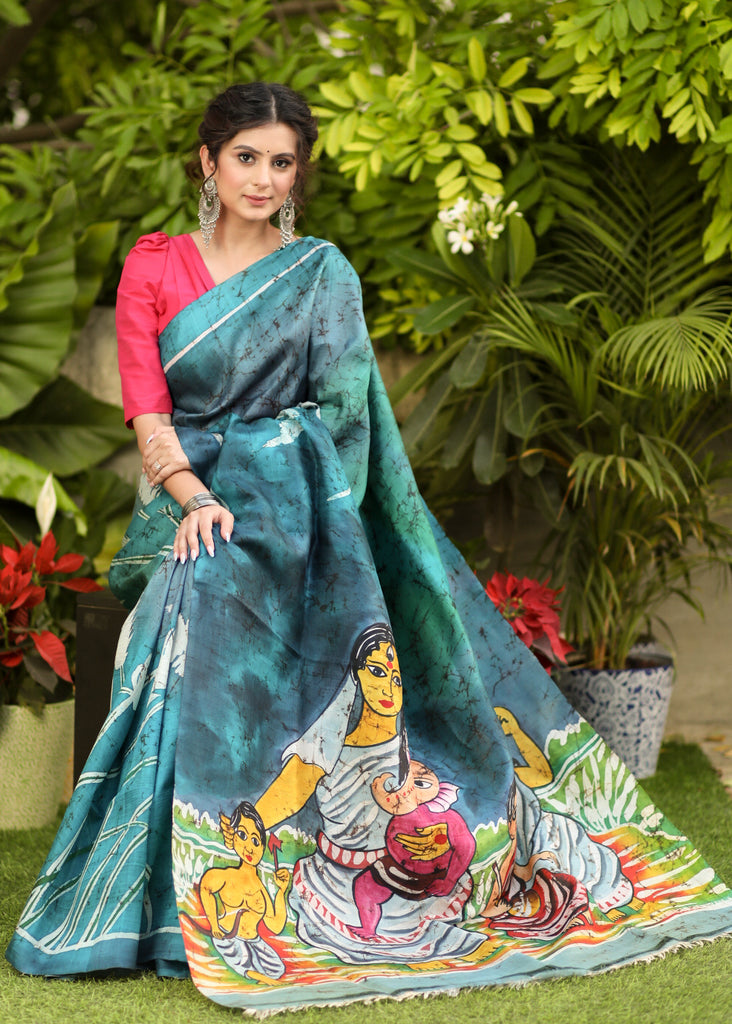 Exclusive Pure Silk Blue Hand Batik Saree with Ganpati Motifs