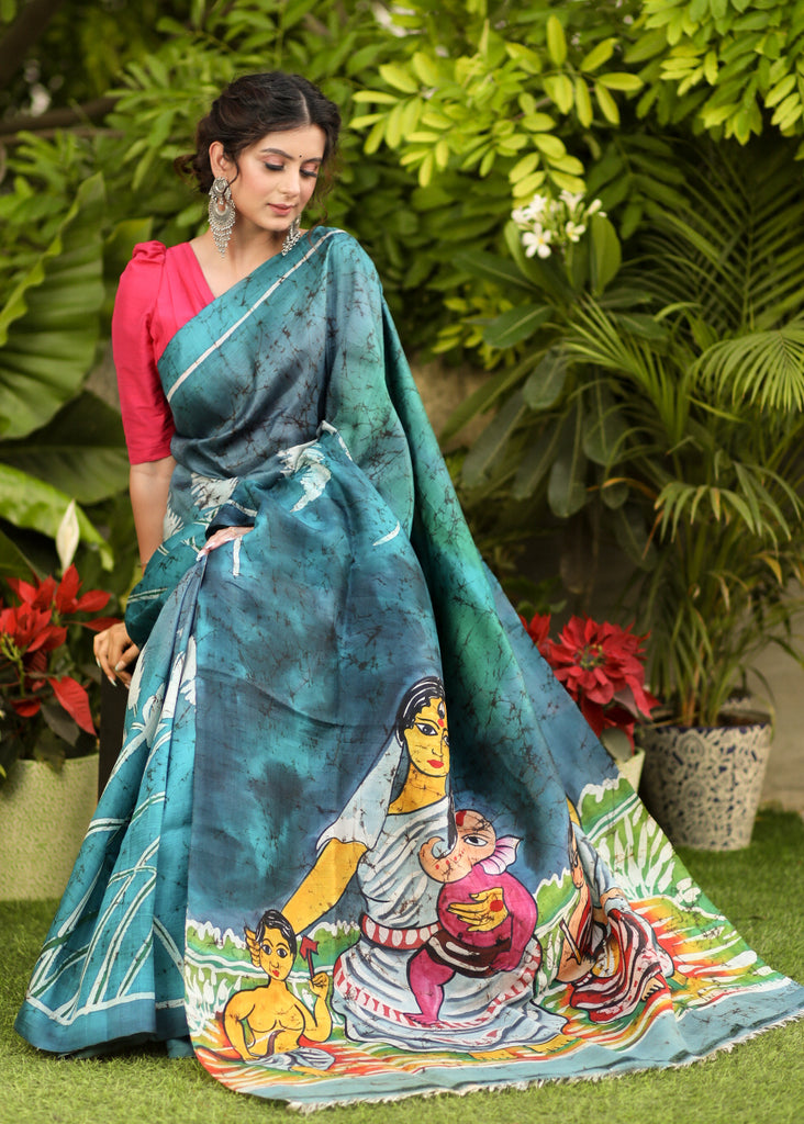 Exclusive Pure Silk Blue Hand Batik Saree with Ganpati Motifs