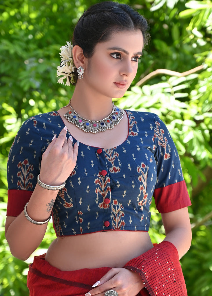 Blue Printed Blouse with Maroon Cotton Detailing and Buttons