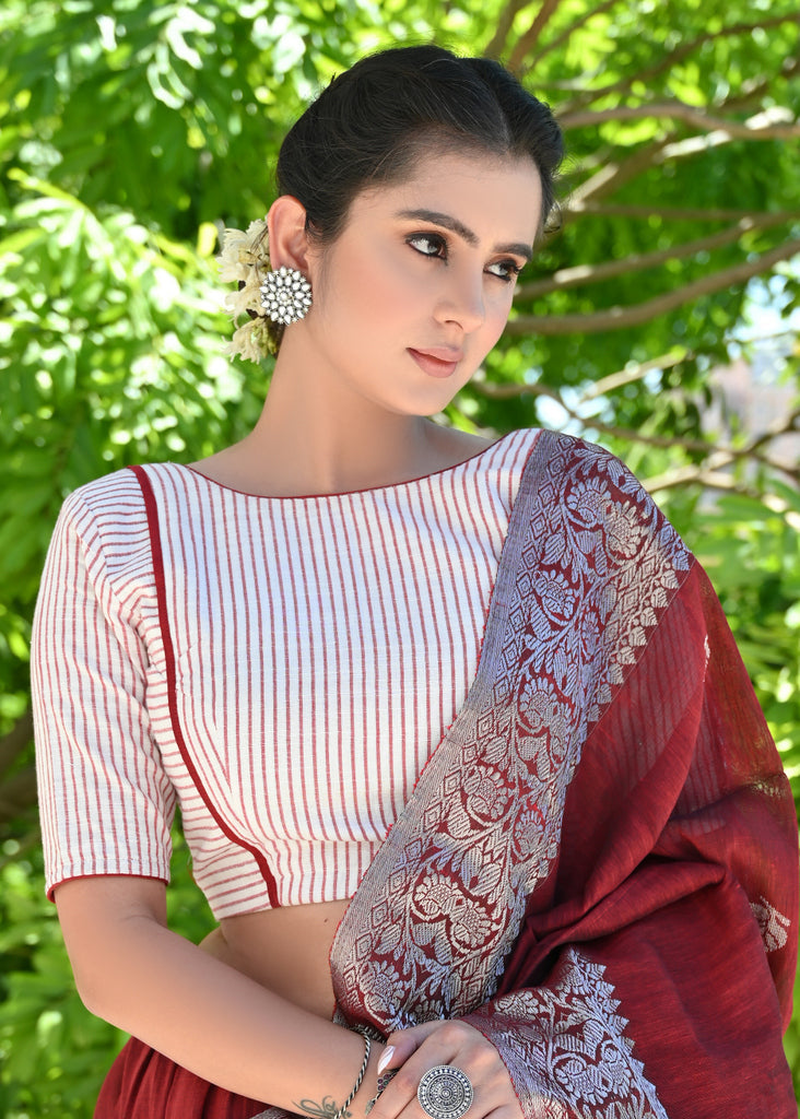 Smart Red and White Cotton Striped Blouse with Red Detailing