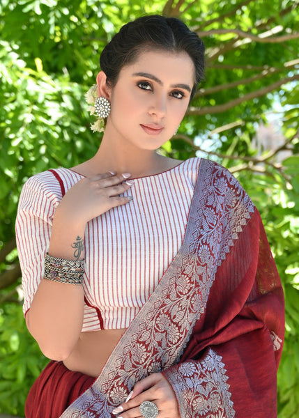 Smart Red and White Cotton Striped Blouse with Red Detailing