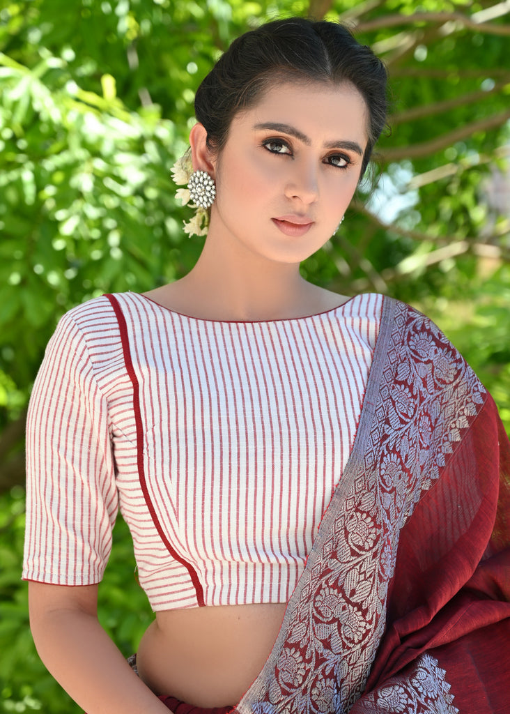 Smart Red and White Cotton Striped Blouse with Red Detailing
