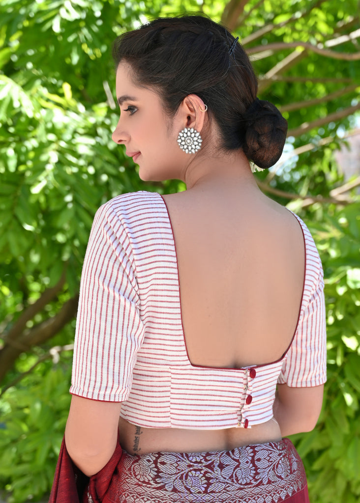 Smart Red and White Cotton Striped Blouse with Red Detailing