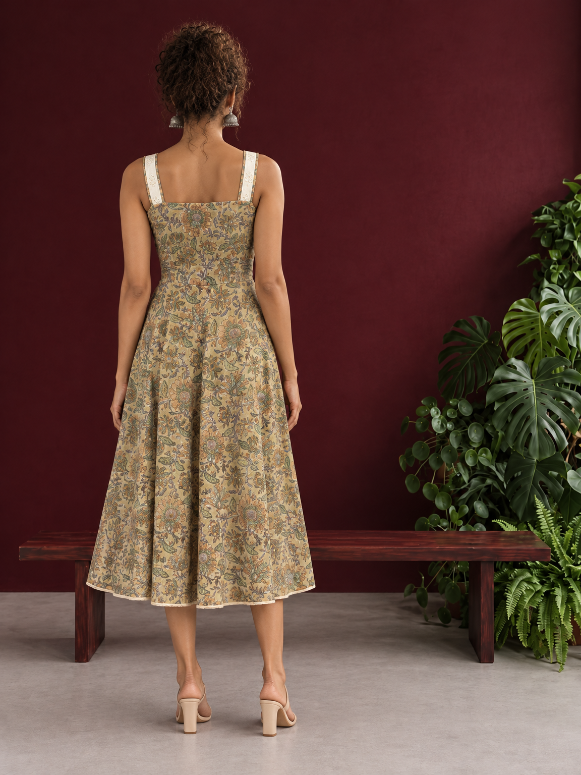 Light Yellow Floral Printed Cotton Fit & Flare Dress with Hakoba Straps and Scalloped Hem — back view — view 6