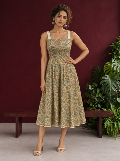 Light Yellow Floral Printed Cotton Fit & Flare Dress with Hakoba Straps and Scalloped Hem — front view