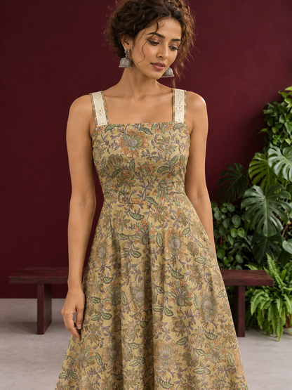 Light Yellow Floral Printed Cotton Fit & Flare Dress with Hakoba Straps and Scalloped Hem — fabric close-up