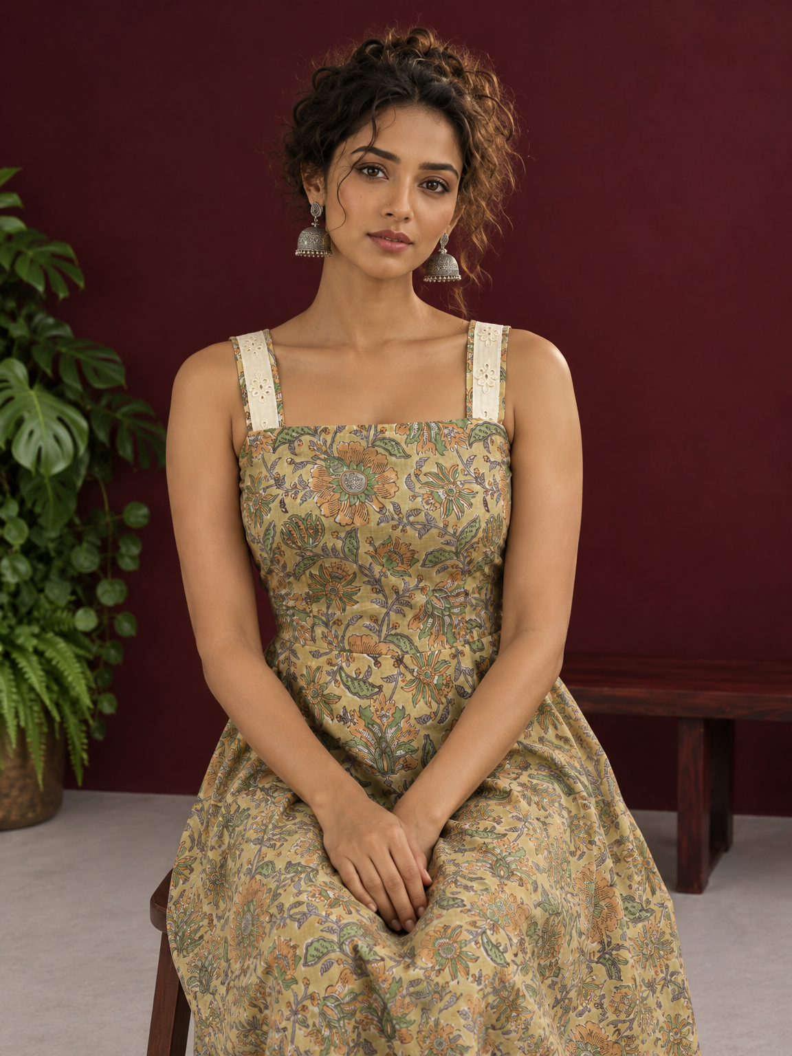 Light Yellow Floral Printed Cotton Fit & Flare Dress with Hakoba Straps and Scalloped Hem — seated detail — view 5