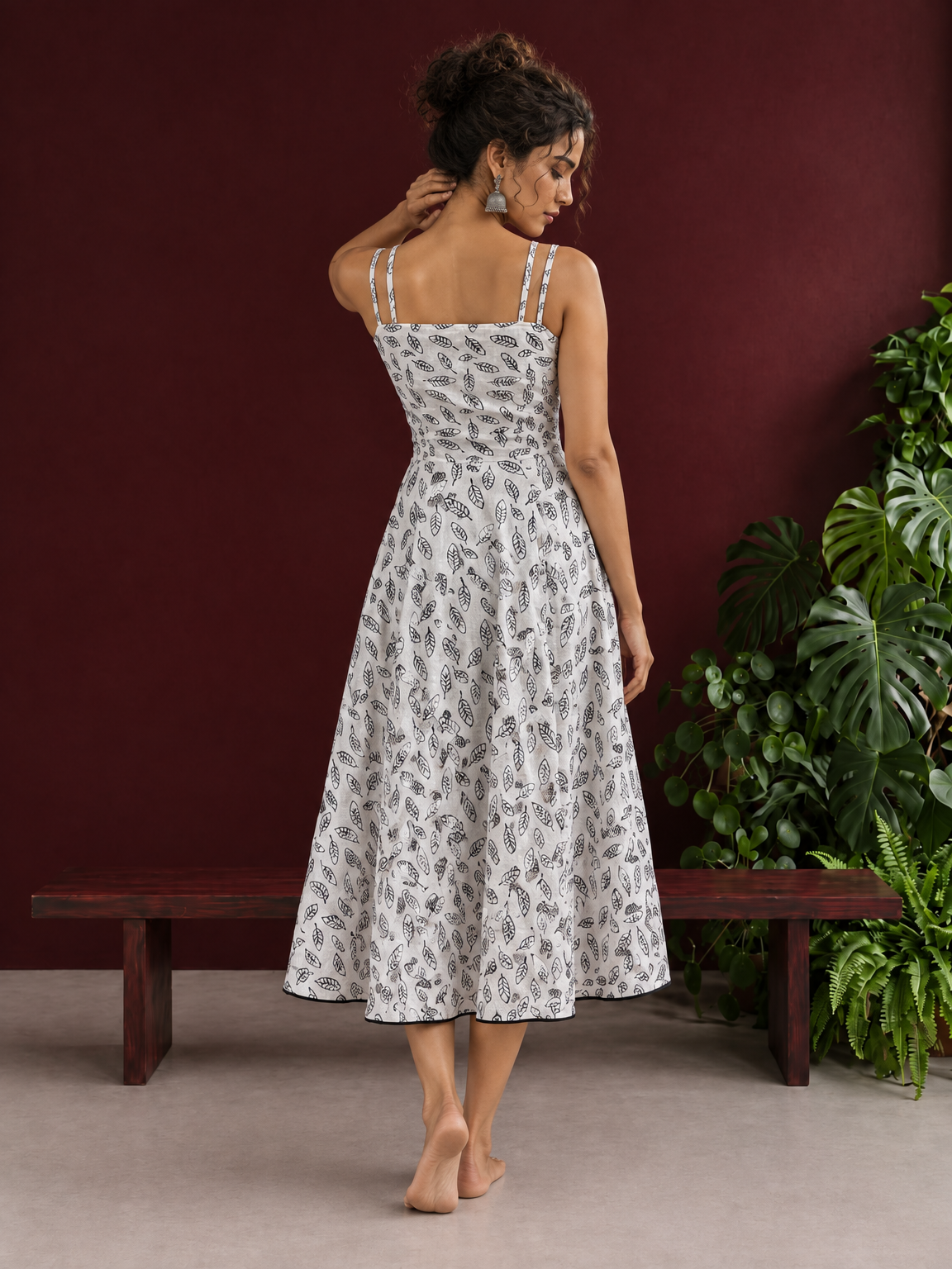 White Cotton Fit & Flare Midi Dress with Black Feather Print and Double Strap Detail — back view — view 3