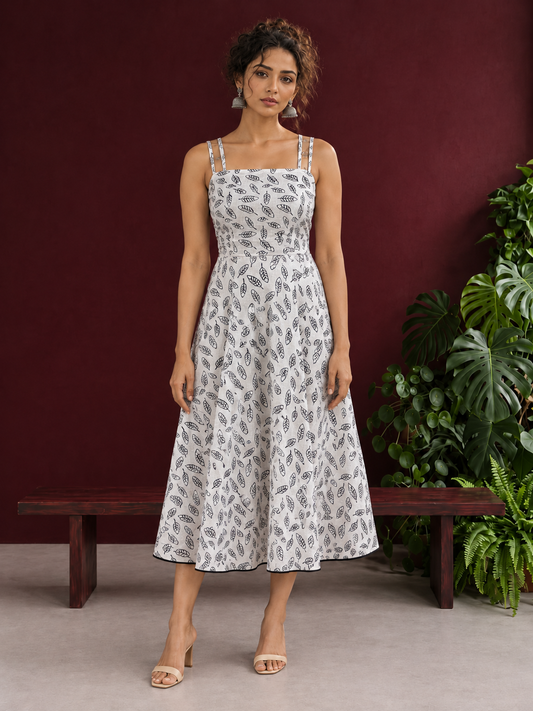 White Cotton Fit & Flare Midi Dress with Black Feather Print and Double Strap Detail — front view