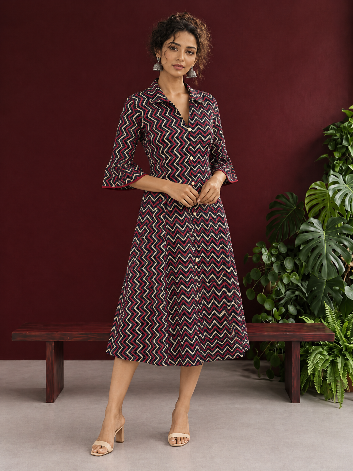 Bold Black Ajrakh Cotton Shirt Dress with Red & Beige Zigzag Print and Kantha Detailing
