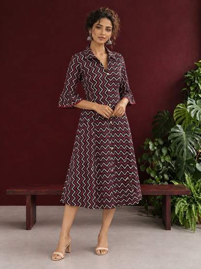 Bold Black Ajrakh Cotton Shirt Dress with Red & Beige Zigzag Print and Kantha Detailing — front view