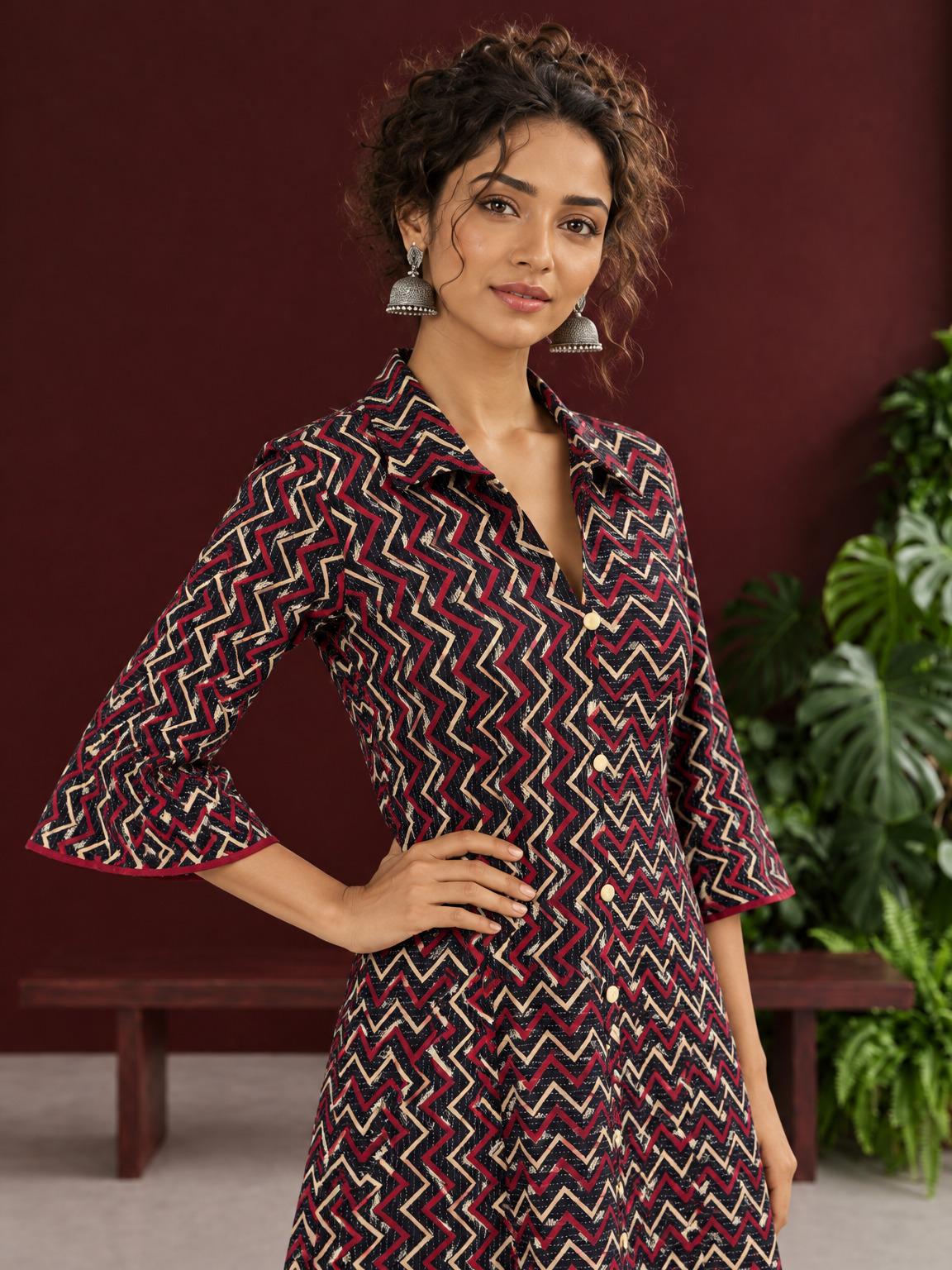 Bold Black Ajrakh Cotton Shirt Dress with Red & Beige Zigzag Print and Kantha Detailing — styled view — view 4