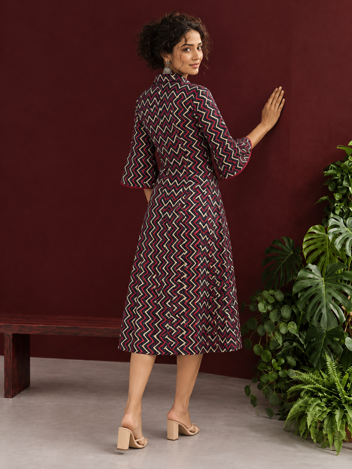 Bold Black Ajrakh Cotton Shirt Dress with Red & Beige Zigzag Print and Kantha Detailing — back view — view 6