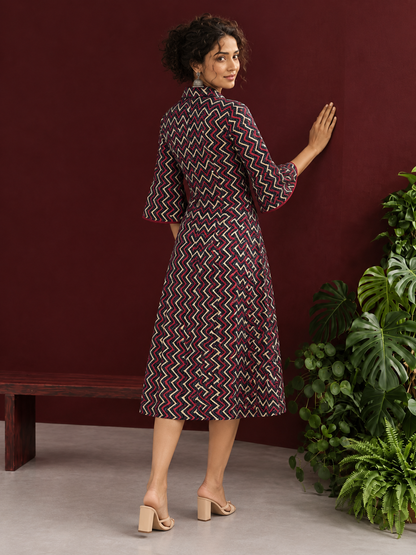 Bold Black Ajrakh Cotton Shirt Dress with Red & Beige Zigzag Print and Kantha Detailing — back view