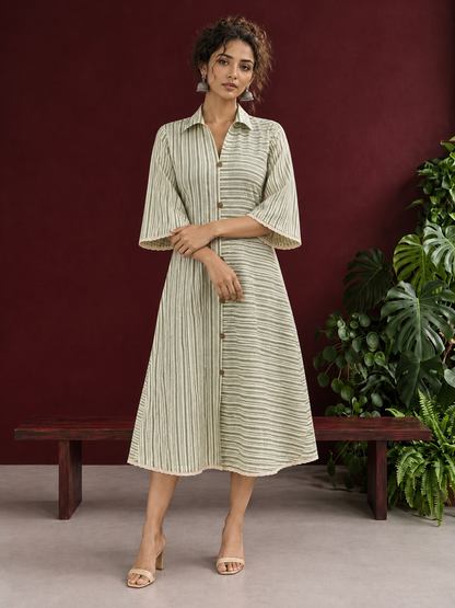 Sage Green Striped Cotton Shirt Dress with Contrast Buttons and Lace-Trimmed Cuffs — front view