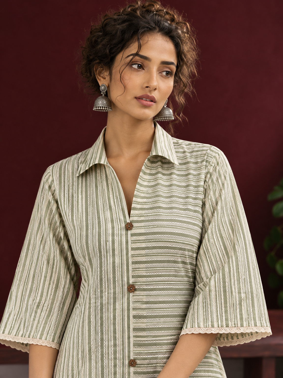 Sage Green Striped Cotton Shirt Dress with Contrast Buttons and Lace-Trimmed Cuffs — fabric detail — view 3