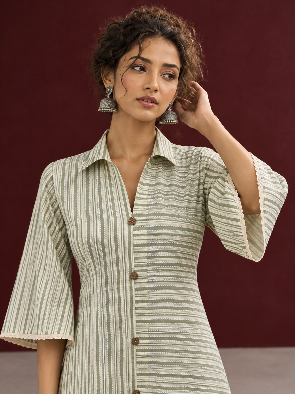 Sage Green Striped Cotton Shirt Dress with Contrast Buttons and Lace-Trimmed Cuffs — styled view — view 4