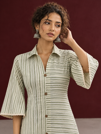 Sage Green Striped Cotton Shirt Dress with Contrast Buttons and Lace-Trimmed Cuffs — styled view