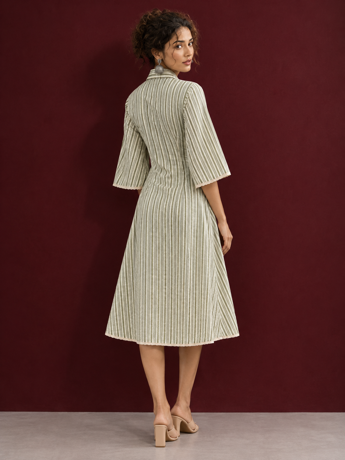 Sage Green Striped Cotton Shirt Dress with Contrast Buttons and Lace-Trimmed Cuffs — back view — view 6