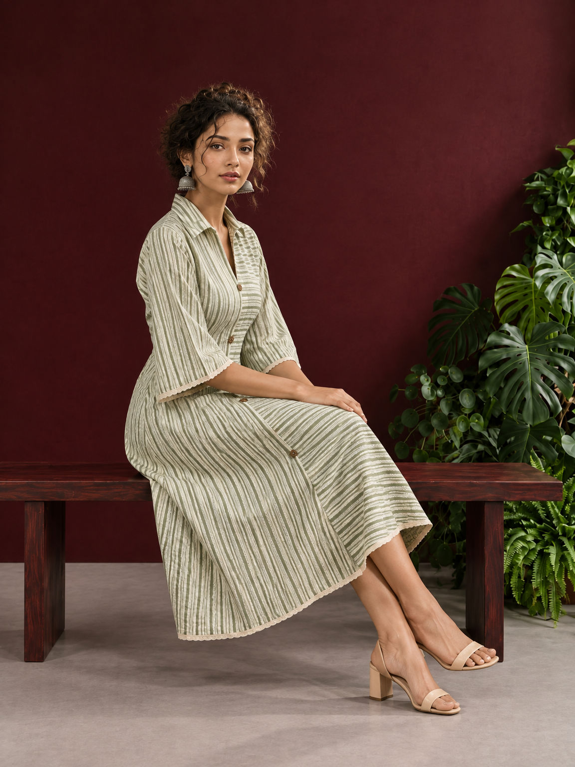 Sage Green Striped Cotton Shirt Dress with Contrast Buttons and Lace-Trimmed Cuffs