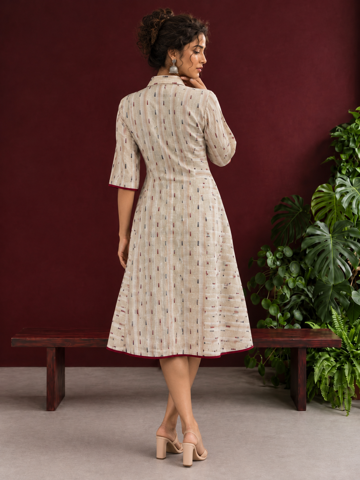Beige Cotton Shirt Dress with Maroon Buttons & Multicolor Woven Stripe Pattern — back view — view 6