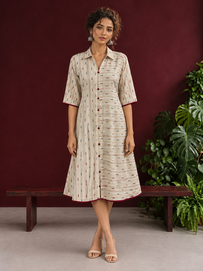 Beige Cotton Shirt Dress with Maroon Buttons & Multicolor Woven Stripe Pattern — front view