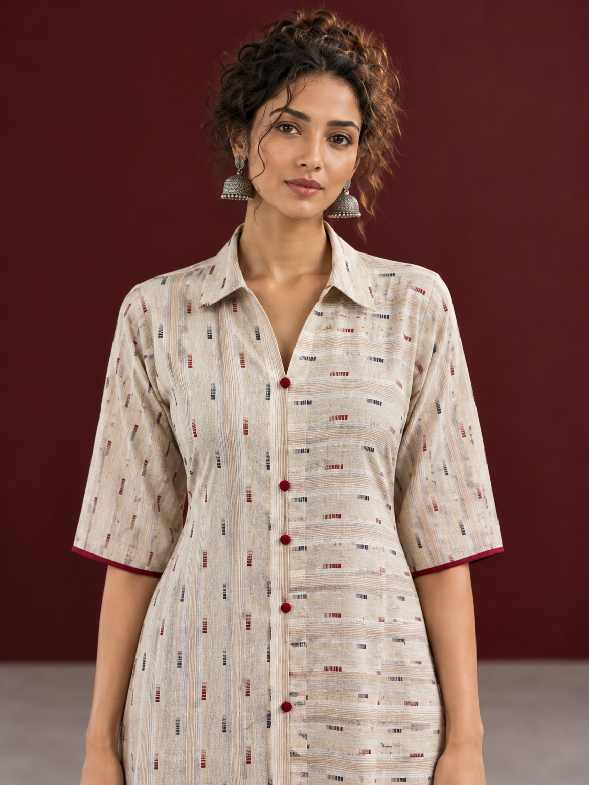 Beige Cotton Shirt Dress with Maroon Buttons & Multicolor Woven Stripe Pattern — styled view — view 5