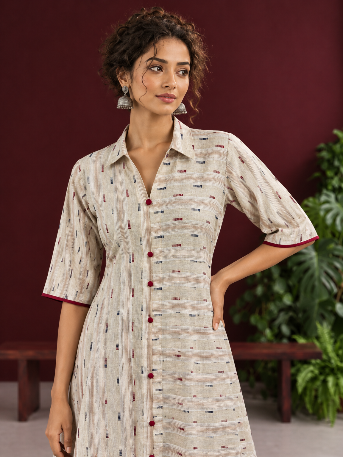 Beige Cotton Shirt Dress with Maroon Buttons & Multicolor Woven Stripe Pattern — fabric detail — view 4