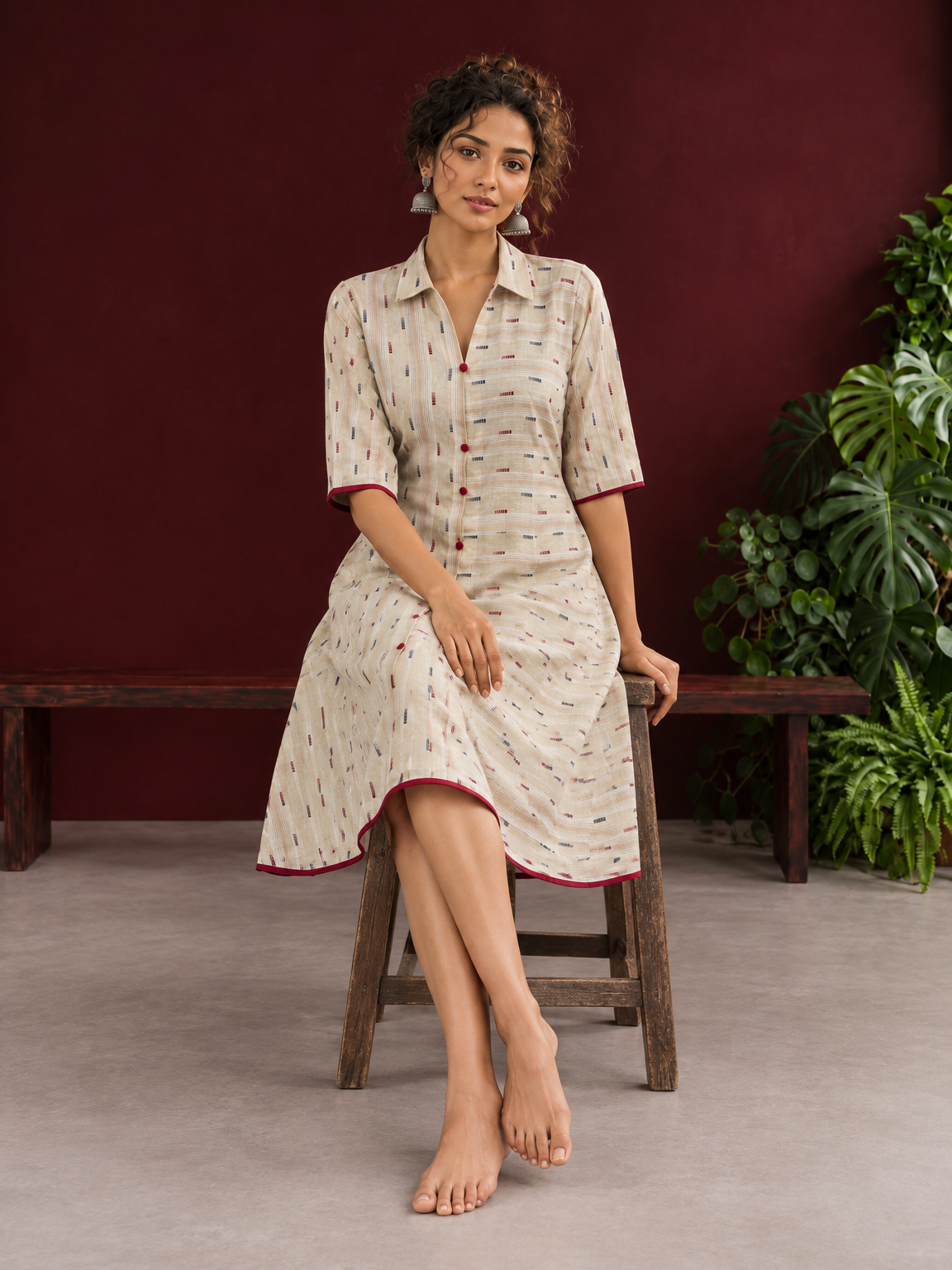 Beige Cotton Shirt Dress with Maroon Buttons & Multicolor Woven Stripe Pattern