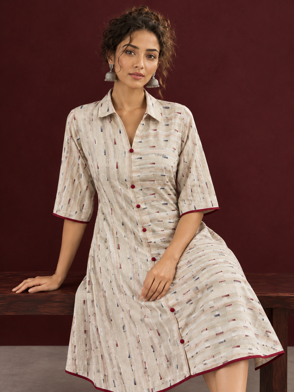 Beige Cotton Shirt Dress with Maroon Buttons & Multicolor Woven Stripe Pattern — seated detail — view 3